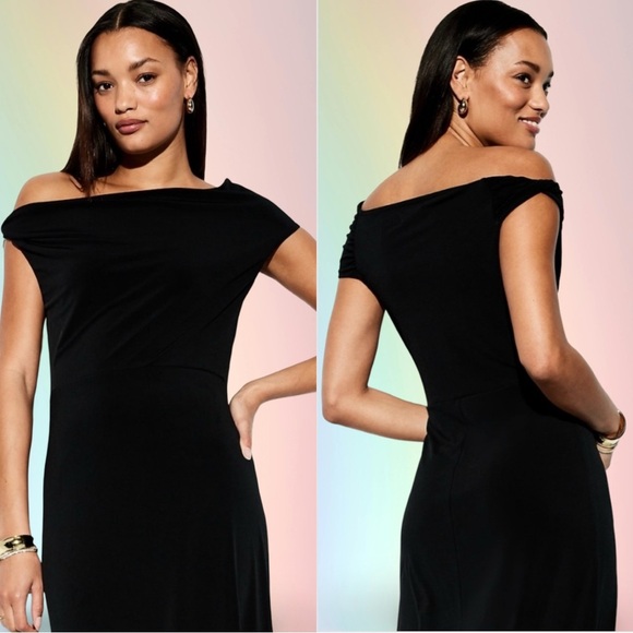 NWTS💓THE OCCASION M💓ELITE OLD NAVY LINE LUSTROUS BLACK ONE SHOULDER MIDI DRESS - Picture 5 of 14